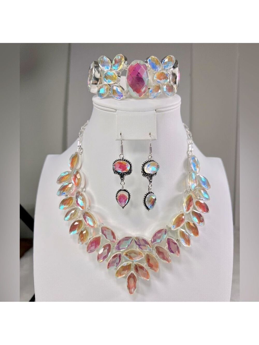 Rainbow Fire Topaz 925 Synthetic Stones Necklace Bracelet Earring Set